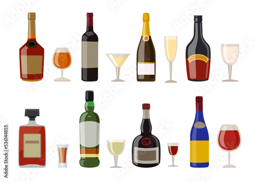 Alcoholic drinks and glasses vector illustrations set. Liquor bottles of different shapes with labels, whiskey, rum, wine isolated on white background. Beverage, alcohol concept for menu design