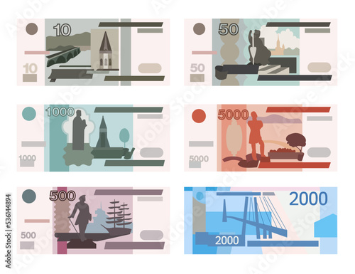Banknotes with Russian currency vector illustrations set. Paper money designs of Russia: one, two and five thousand rubles, cash isolated on white background. Money, finances, banking concept