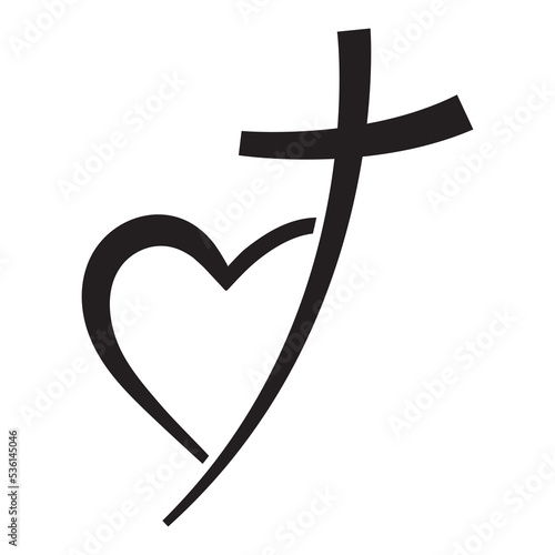 Christian cross icon and heart shape. Abstract religious symbol. Vector illustration. Love of God concept.