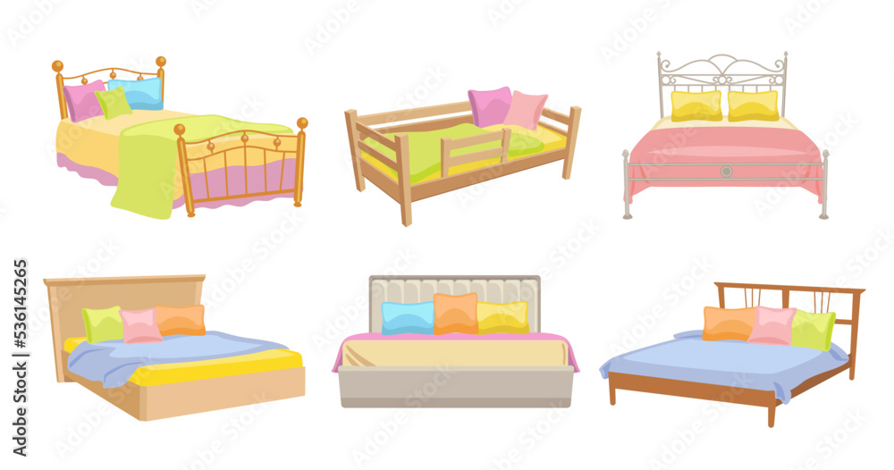 Beds with pillows, headboard and blankets set. Vector illustrations of furniture for home or hotel interior. Cartoon single and double bed for adults and children isolated on white. Bedroom concept Beds with pillows, headboard and blankets set. Vector illustrations of furniture for home or hotel interior. Cartoon single and double bed for adults and children isolated on white. Bedroom concept