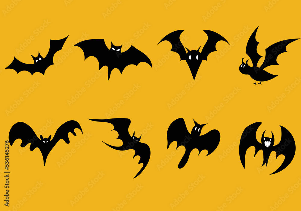 Black silhouettes of bats set on white background. Halloween black bat