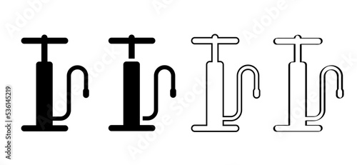 Bicycle pump. Biker has a flat tire and repair the wheel. Cycling pomp icon or symbol. Funny vector bike hand pomps sign. Cyclist tools. 