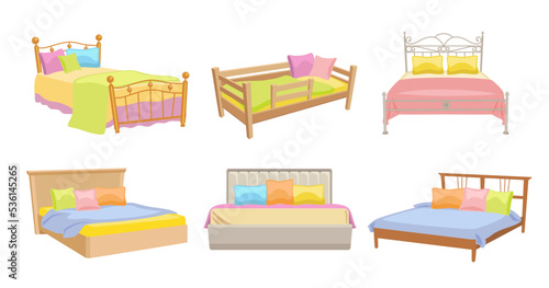 Beds with pillows, headboard and blankets set. Vector illustrations of furniture for home or hotel interior. Cartoon single and double bed for adults and children isolated on white. Bedroom concept