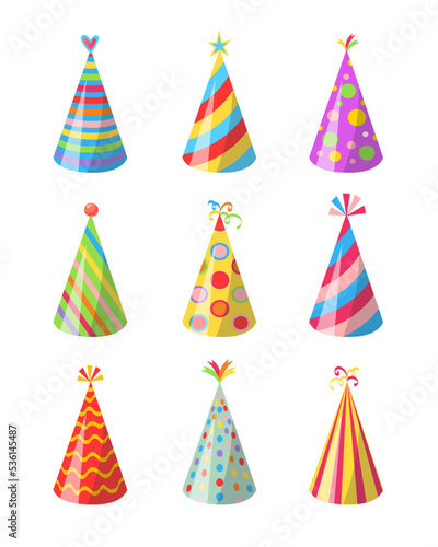 Different paper party hats vector illustrations set. Collection of colorful caps for birthday, carnival, anniversary, Christmas for children isolated on white background. Holiday, celebration concept