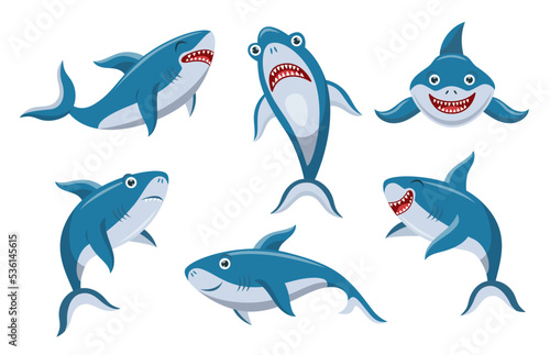 Cute shark cartoon character vector illustrations set. Collection of different emotions of big blue comic fish  underwater predator isolated on white background. Animals  wildlife  nature concept