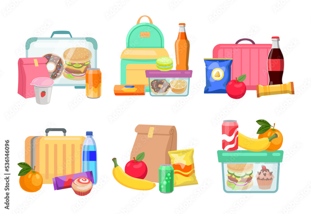 Lunch boxes cartoon illustration set..Bags for kids with muffins, juice, cookies and apples isolated on white background.. Flat vector collection for school, lunchtime, healthy snacks concept Lunch boxes cartoon illustration set..Bags for kids with muffins, juice, cookies and apples isolated on white background.. Flat vector collection for school, lunchtime, healthy snacks concept