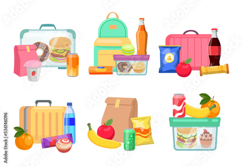 Lunch boxes cartoon illustration set..Bags for kids with muffins, juice, cookies and apples isolated on white background.. Flat vector collection for school, lunchtime, healthy snacks concept