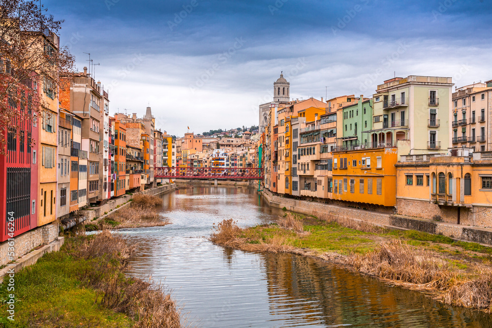 Cityscape view and buildings around the River Onyar in Girona, Spain