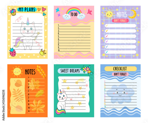 Baby daily planners with cute patterns set. Vector illustrations of memo for organized diary. Paper sheets with to do list, birthday dreams, calendar isolated on white. Printable kids planner concept