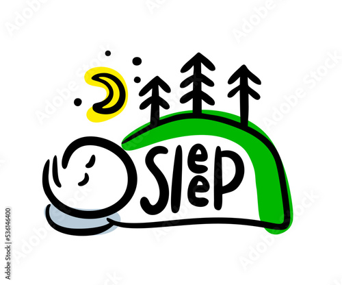Sketch hand drawing of character sleeping in the bag in the forest.