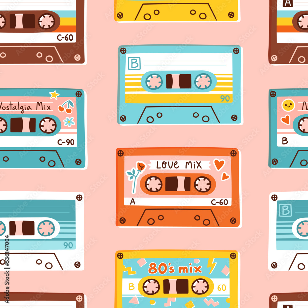 Cassette tapes seamless pattern. Vector illustration of retro compact cassettes and mixtapes in colorful flat style. Cassette tapes seamless pattern. Vector illustration of retro compact cassettes and mixtapes in colorful flat style.