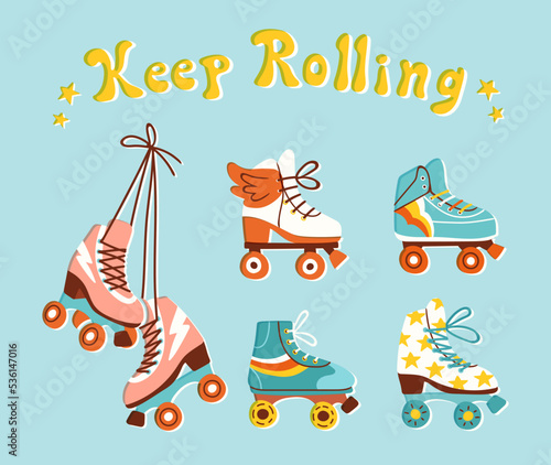 Set of retro roller skates. Vector illustration of various vintage quad skates in colorful flat style. Sneaker, wings and star print style.