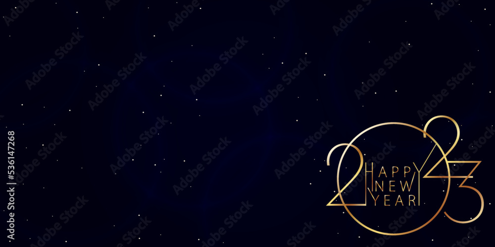 2023 Happy New Year background design. Golden inscription 2023 and Happy New Year on a dark blue background. Vector illustration. Festive background with stylized text