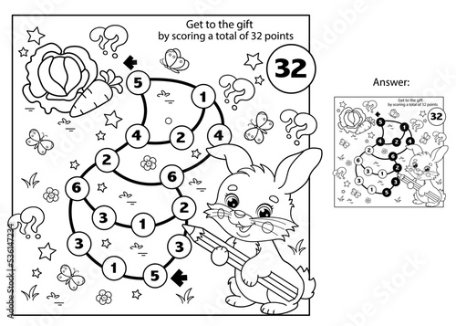 Math addition game. Puzzle for kids. Maze. Coloring Page Outline Of cartoon cute bunny or rabbit with carrot and cabbage. Coloring Book for children.