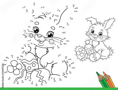 Puzzle Game for kids: numbers game. Coloring Page Outline Of cartoon cute Easter bunny with eggs and sweets. Coloring Book for children.