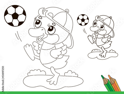 Connect the dots picture. Puzzle for kids. Coloring Page Outline Of cartoon duck or duckling with soccer ball. Football. Sport. Coloring book for children.