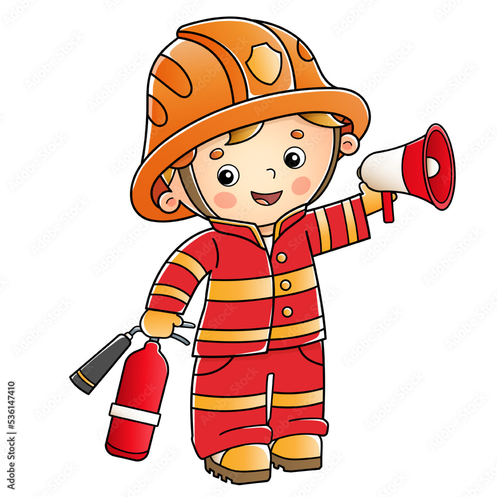 Cartoon fireman or firefighter with a megaphone or horn and fire ...