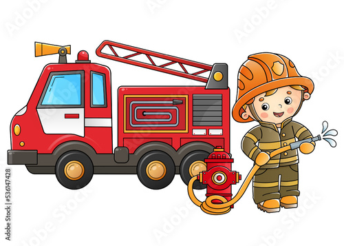 Cartoon fire truck with fireman or firefighter. Fire fighting. Professional transport. Profession. Colorful vector illustration for kids.