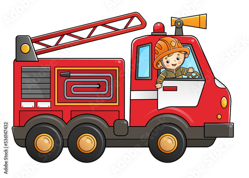 Cartoon fire truck with fireman or firefighter. Professional transport. Profession. Colorful vector illustration for kids.