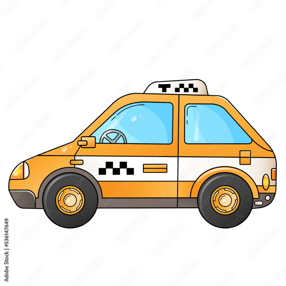 Cartoon taxi. Images transport or vehicle for children. Colorful vector illustration for kids.