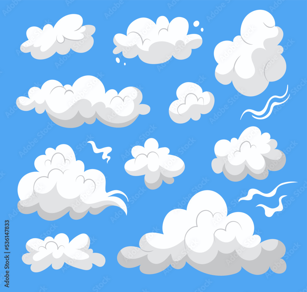 White clouds of different shapes flat vector illustrations set. Cloudy sky elements, heaven symbol, drawings of fluffy 2D clouds isolated on blue background. Weather, nature concept for graphic design White clouds of different shapes flat vector illustrations set. Cloudy sky elements, heaven symbol, drawings of fluffy 2D clouds isolated on blue background. Weather, nature concept for graphic design