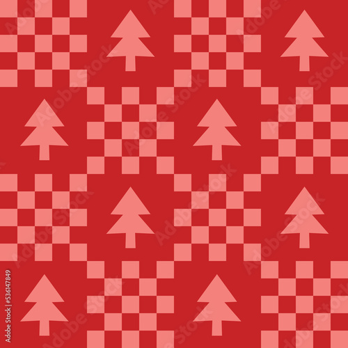 CCute y2k patchwork Christmas seamless pattern background with Xmas tree icon, monochrome red checkerboard backdrop. Modern, trendy vector design, aesthetic retro vibe print for textile, wallpaper photo