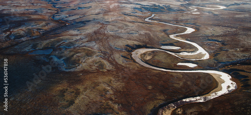 Landscape riverbed and land relief. View from above. Aerial photography. Putorano Plateau. Peninsula Taimyr