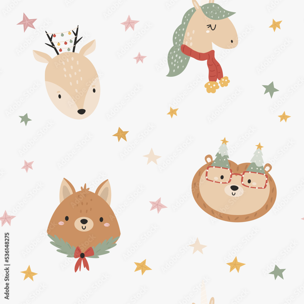 Seamless pattern with cute animals deer, unicorn, hedgehog and fox