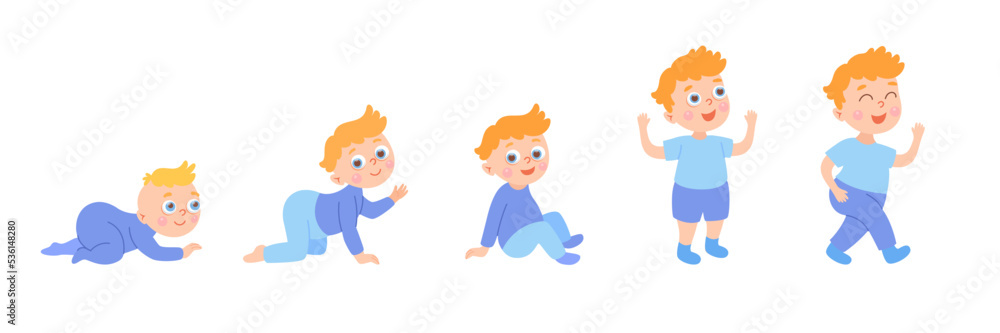 Process of cartoon child growth from little baby to boy. Drawings of human physical development, vector illustrations set. isolated on white background. Childhood, infancy, age concept