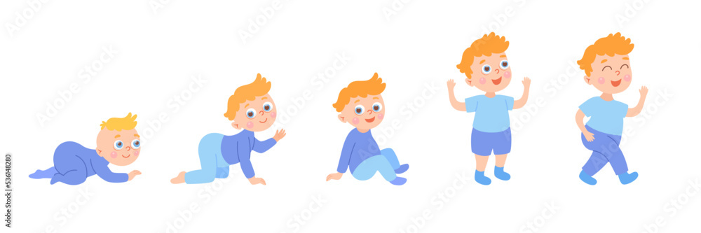 Process of cartoon child growth from little baby to boy. Drawings of human physical development, vector illustrations set. isolated on white background. Childhood, infancy, age concept Process of cartoon child growth from little baby to boy. Drawings of human physical development, vector illustrations set. isolated on white background. Childhood, infancy, age concept