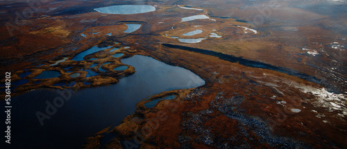 Landscape riverbed and land relief. View from above. Aerial photography. Putorano Plateau. Peninsula Taimyr