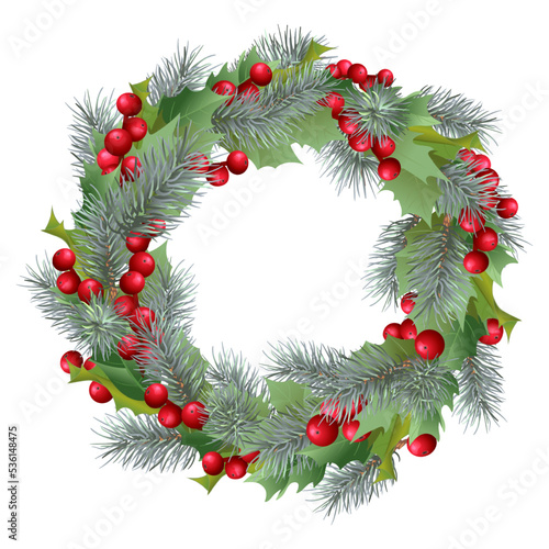 Festive wreath for Christmas and New Year with holly leaves, mistletoe berries, holly berries, spruce branches, pine branches, evergreen tree branches, as decoration for winter holidays