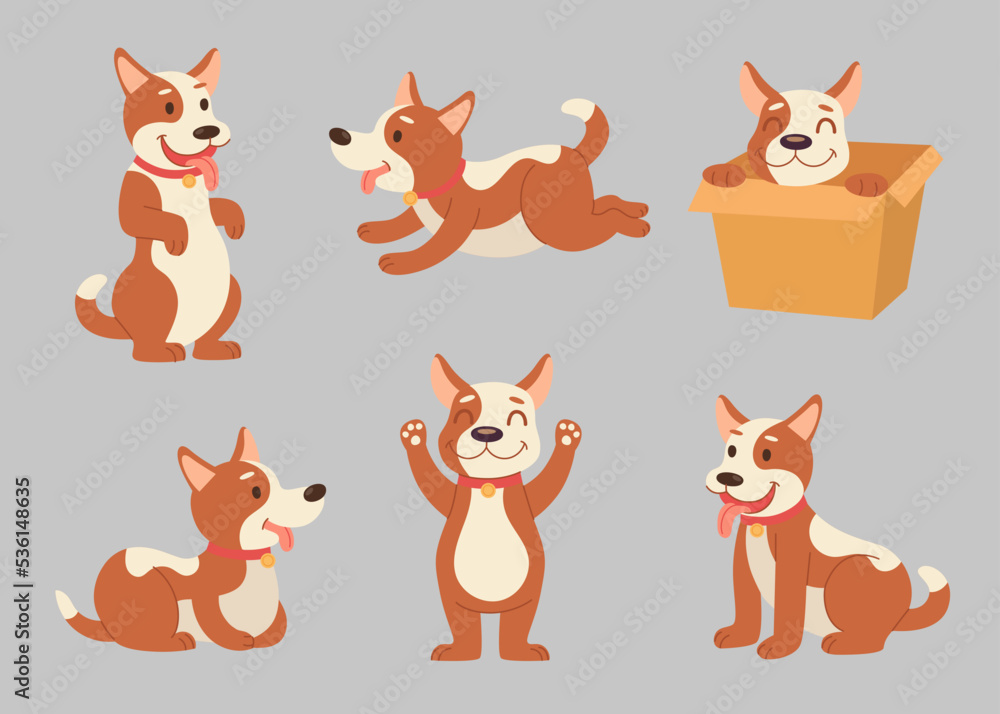 Cute funny puppy cartoon character vector illustrations set. Drawings of adorable dog in different actions, playing games, running for kids isolated on grey background. Pets, domestic animals concept