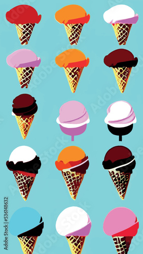 A set of delicious ice cream. Sweet summer treat sundaes, prefabricated insulated ice cream cones and popsicles with different fillings. Vector illustration for web, design, printing.
