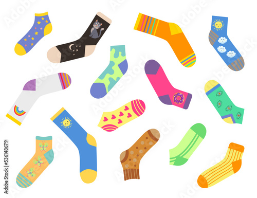 Different cute socks flat vector illustrations set. Collection of stylish trendy cotton or woolen socks for winter with various designs isolated on white background. Fashion, clothing concept