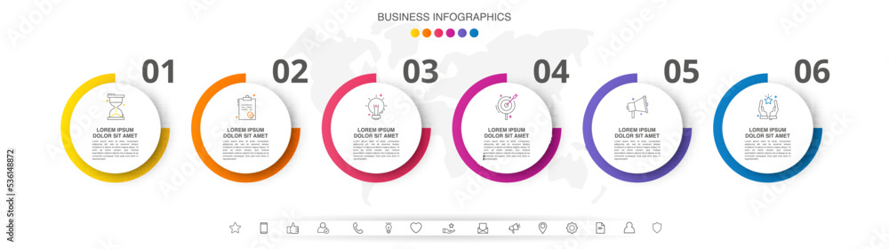 Infographic vector template for business. 3D paper label with 6 circles and steps. Flat modern timeline for content, diagram, presentation, workflow, chart.