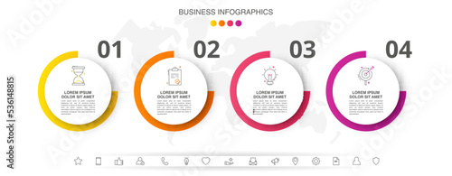 Infographic vector template for business. 3D paper label with 4 circles and steps. Flat modern timeline for content, diagram, presentation, workflow, chart.