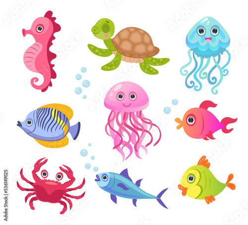 Ocean or sea creature characters vector illustrations set. Cute funny underwater animals, fishes, crab, turtle, jellyfishes, seahorse for kids isolated on white background. Animals, wildlife concept