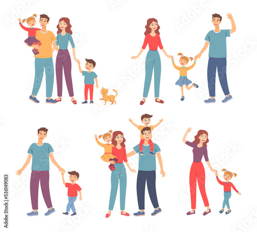 Happy family walking together outdoors set. Vector illustrations of parents and children holding hands. Cartoon mother, father characters enjoying walks with son and daughter. Fun family time concept