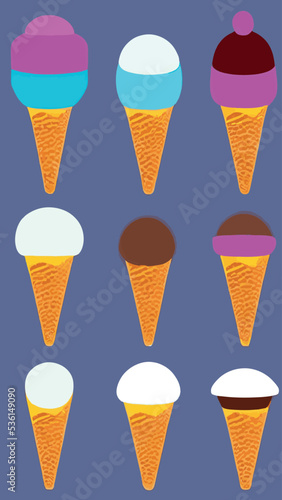 A set of delicious ice cream. Sweet summer treat sundaes, prefabricated insulated ice cream cones and popsicles with different fillings. Vector illustration for web, design, printing.