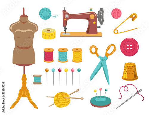 Sewing and knitting, needlework set. Vector illustrations of tailor equipment and supplies. Cartoon needle yarn thread pin button scissors mannequin isolated on white. Handmade craft hobby concept