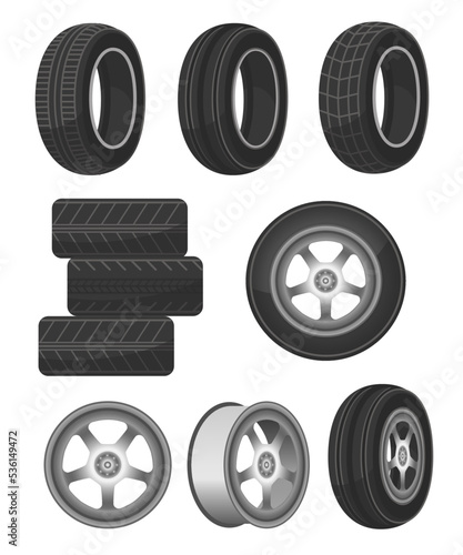 Car wheel, disk and tire set. Cartoon vector illustrations of rubber tires with different tread patterns, wheel rim for automobile isolated on white. Auto parts, items for garage service concept