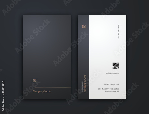business card, dark gold and white vertical card name, vertical luxury editable business card template