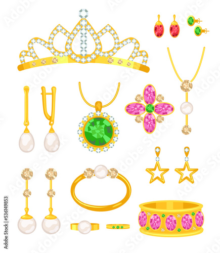 Cartoon gold jewelry set. Vector illustrations of golden accessories with precious stones or pearls, jewel ring and earrings, crown or tiara for princess, bracelet isolated on white. Jewellery concept