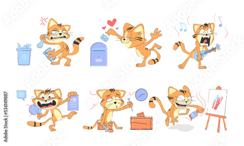 Fototapeta Naklejka Na Ścianę i Meble -  set of cat cartoon character designs with flat colors in different poses. cat cartoon character, cat mascot, Vector illustration