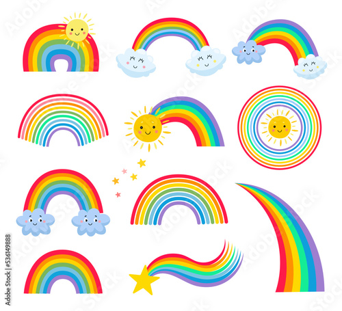 Different shapes of rainbow vector illustrations set. Cute cloud and sun cartoon characters, stars, childish stickers, patches or badges isolated on white background. Weather, nature, summer concept