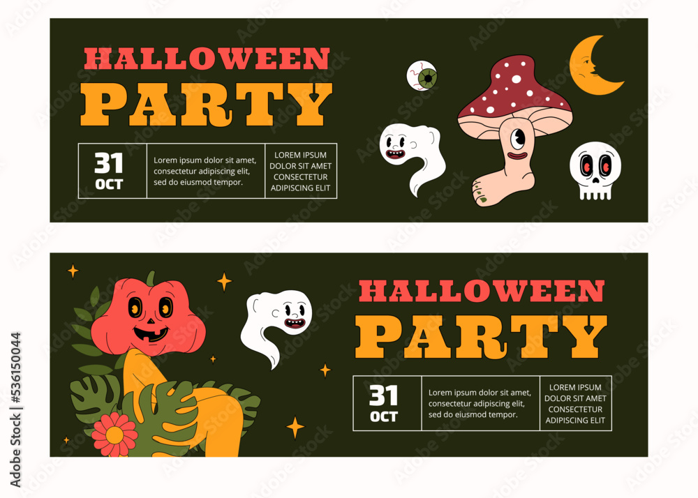 Fototapeta premium A set of two horizontal Halloween party banner templates. Psychedelic and groovy trendy style design .
