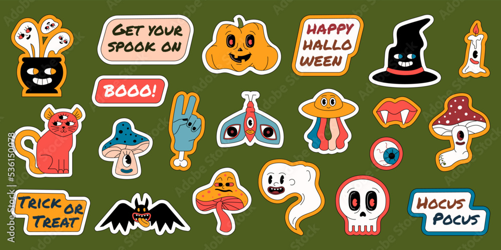 A set of figured Halloween stickers with funny and scary characters and quotes. Groovy outlined style. A set of figured Halloween stickers with funny and scary characters and quotes. Groovy outlined style.