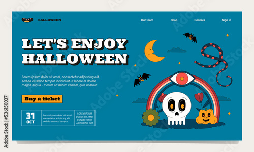 Halloween landing page template illustrated with a skull, pumpkin, rainbow, eye, bat, snake, crescent moon. Groovy outlined style.