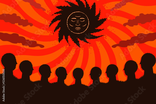 The black sun and the crowd. A symbol of the mentality and submissive attitude of the Russian nation. The concept of collective trauma of generations of citizens of the dictatorial regime.